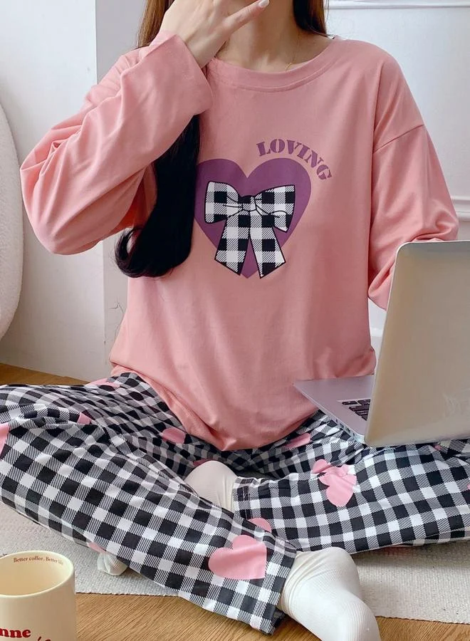 Take Two pink Pink Heart Long Sleeve T-Shirt and Checked Pyjama Set for Women | Best Price UAE